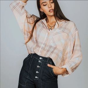 Free People Plaid Cutie Dolman Sleeves Cropped Button Down NWOT